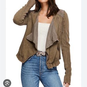 Free People Shrunken Moto Jacket Army Green Size L Asymmetrical Distressed Hems